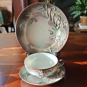 Japanese Moriage Dragonware Tea Cup, Saucer & Dessert Plate (Set 2 of 6)